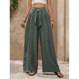 Louniche Vacation Casual Solid Color Tie Waist Wide Leg Pants Fall Cloth For Wom